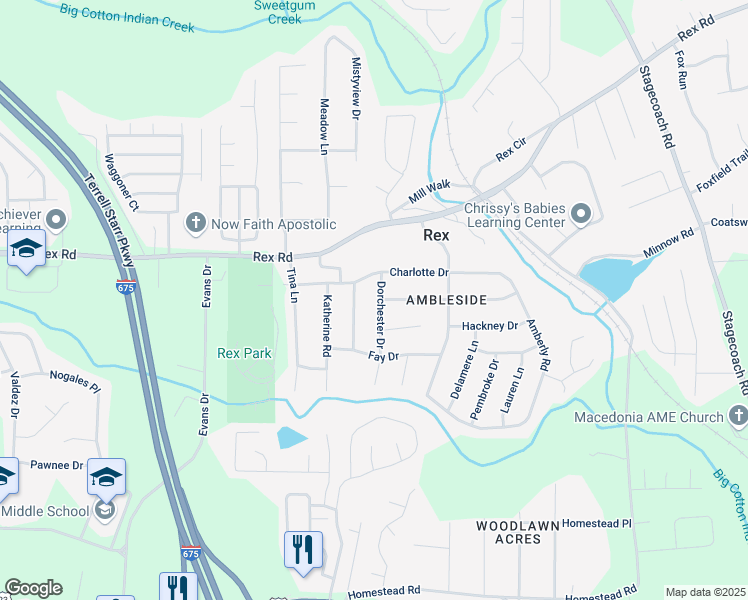 map of restaurants, bars, coffee shops, grocery stores, and more near 6057 Dorchester Drive in Rex