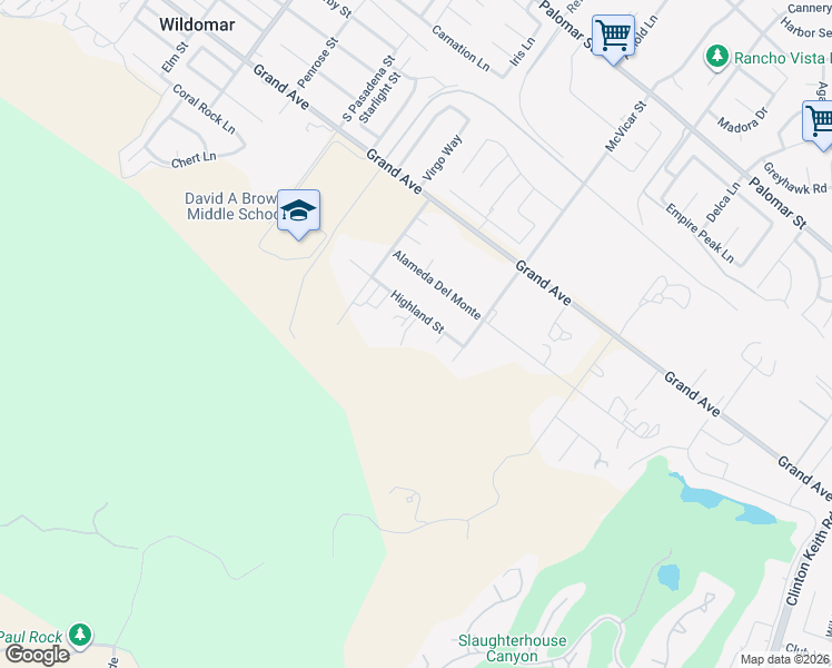 map of restaurants, bars, coffee shops, grocery stores, and more near 22053 Highland Street in Wildomar