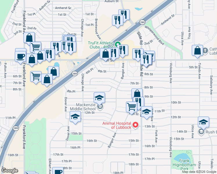map of restaurants, bars, coffee shops, grocery stores, and more near 5411 8th Street in Lubbock
