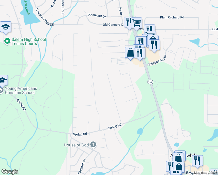 map of restaurants, bars, coffee shops, grocery stores, and more near 95 Stephens Drive in Covington