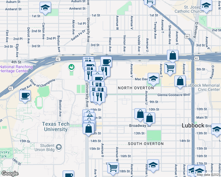 map of restaurants, bars, coffee shops, grocery stores, and more near 2302 Glenna Goodacre Boulevard in Lubbock