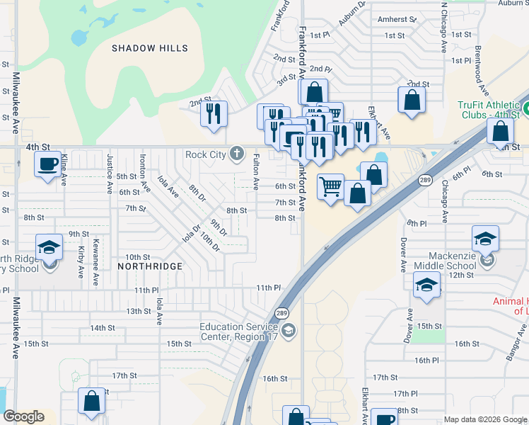 map of restaurants, bars, coffee shops, grocery stores, and more near 5826 7th Street in Lubbock
