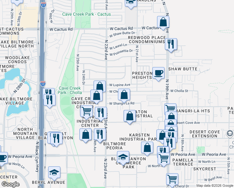 map of restaurants, bars, coffee shops, grocery stores, and more near 2230 West Cholla Street in Phoenix
