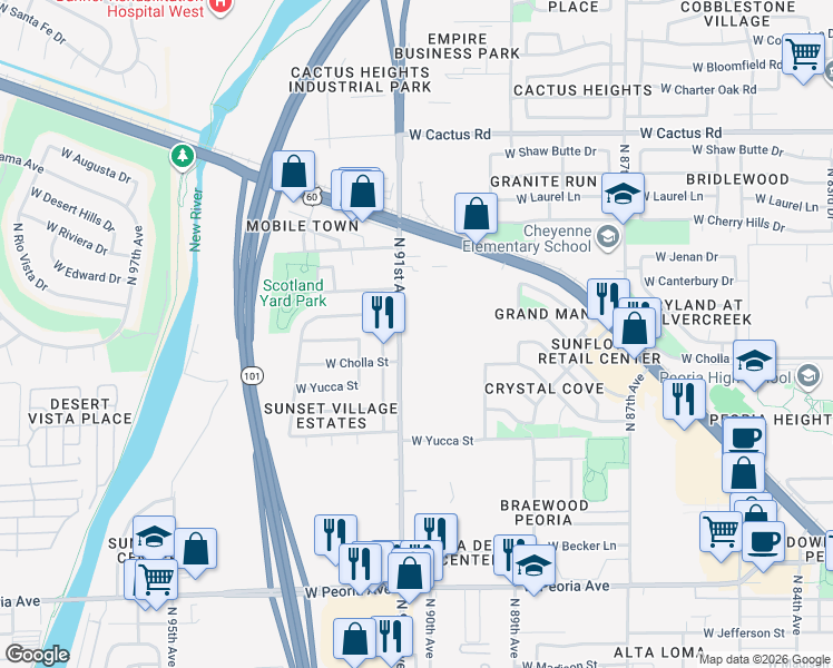 map of restaurants, bars, coffee shops, grocery stores, and more near N Mobile Home Park in Peoria