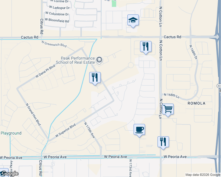 map of restaurants, bars, coffee shops, grocery stores, and more near 11540 West Wildwood Street in Surprise