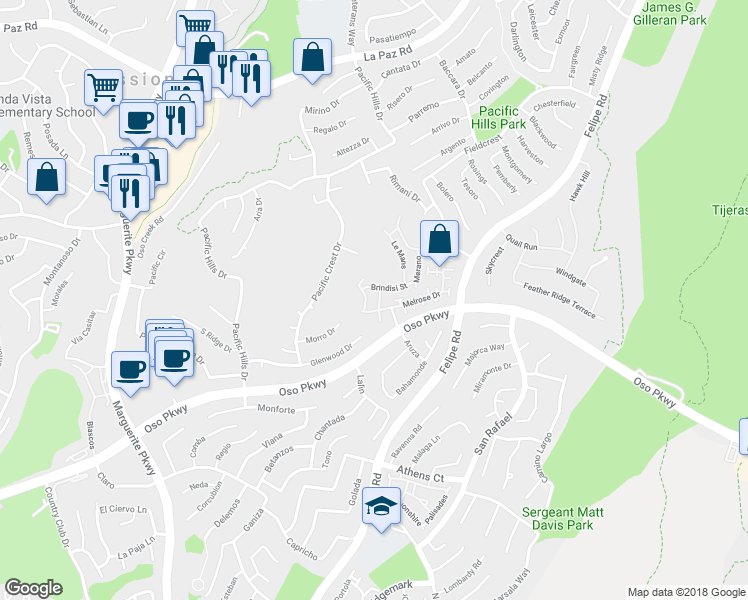 map of restaurants, bars, coffee shops, grocery stores, and more near 19 Brindisi Street in Mission Viejo