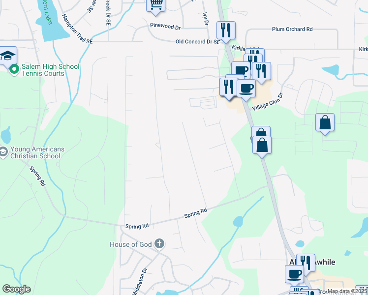 map of restaurants, bars, coffee shops, grocery stores, and more near 95 Stephens Drive in Covington