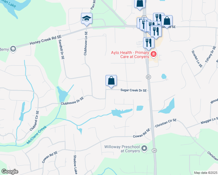 map of restaurants, bars, coffee shops, grocery stores, and more near 802 Sugar Creek Drive Southeast in Conyers