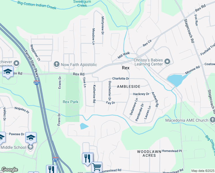 map of restaurants, bars, coffee shops, grocery stores, and more near 6057 Dorchester Drive in Rex