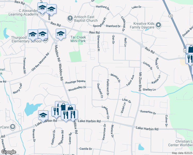 map of restaurants, bars, coffee shops, grocery stores, and more near 6071 Deerfield Court in Morrow