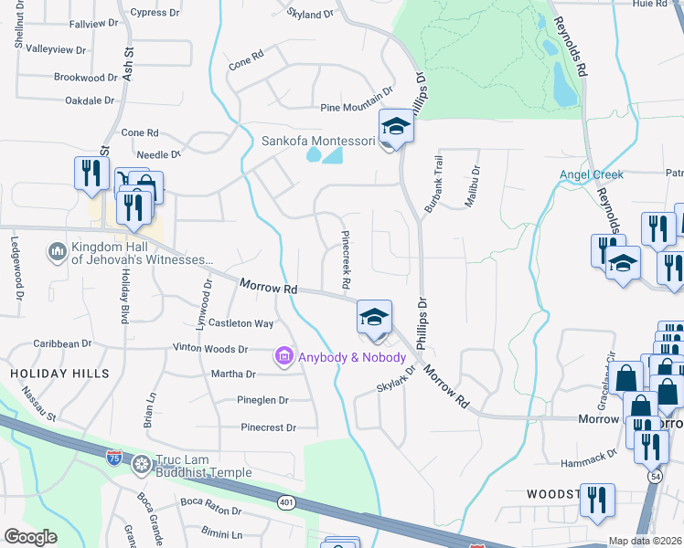 map of restaurants, bars, coffee shops, grocery stores, and more near 6044 Pinecreek Road in Forest Park
