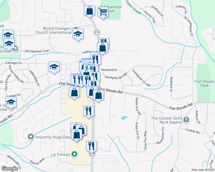 map of restaurants, bars, coffee shops, grocery stores, and more near 2361 Flat Shoals Road Southwest in Conyers