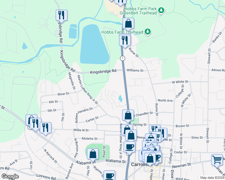 map of restaurants, bars, coffee shops, grocery stores, and more near 103 Calhoun Drive in Carrollton