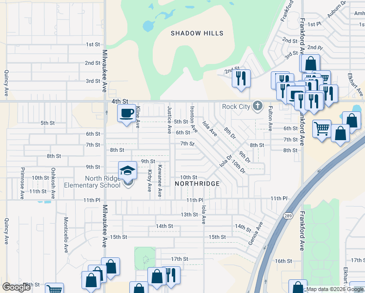 map of restaurants, bars, coffee shops, grocery stores, and more near 6116 7th Street in Lubbock
