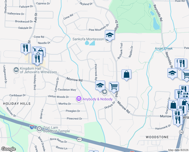 map of restaurants, bars, coffee shops, grocery stores, and more near 6044 Pinecreek Road in Forest Park