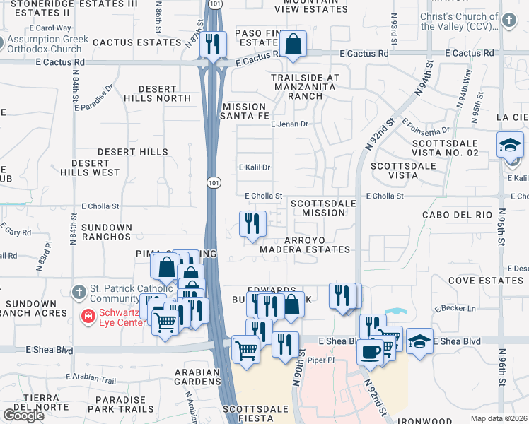 map of restaurants, bars, coffee shops, grocery stores, and more near 8948 East Arizona Park Place in Scottsdale