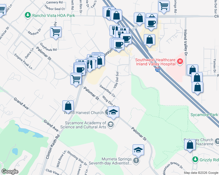 map of restaurants, bars, coffee shops, grocery stores, and more near 32090 Bayberry Road in Wildomar