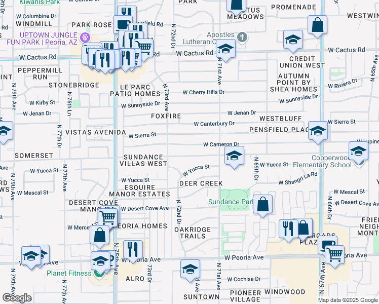 map of restaurants, bars, coffee shops, grocery stores, and more near 7143 West Cameron Drive in Peoria