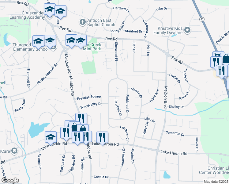 map of restaurants, bars, coffee shops, grocery stores, and more near 6071 Deerfield Court in Morrow