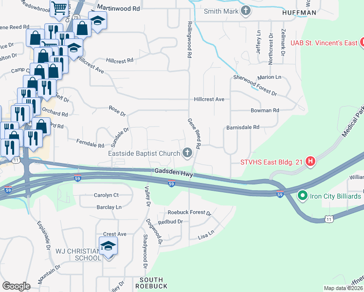 map of restaurants, bars, coffee shops, grocery stores, and more near 1031 Gene Reed Road in Birmingham