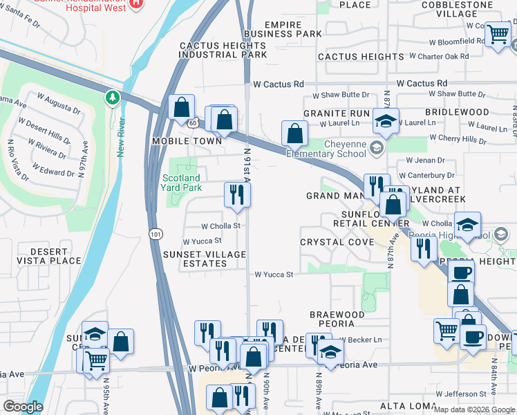 map of restaurants, bars, coffee shops, grocery stores, and more near N Mobile Home Park in Peoria