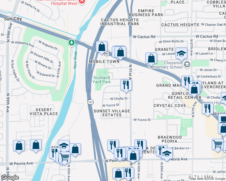 map of restaurants, bars, coffee shops, grocery stores, and more near 9213 West Cameron Drive in Peoria