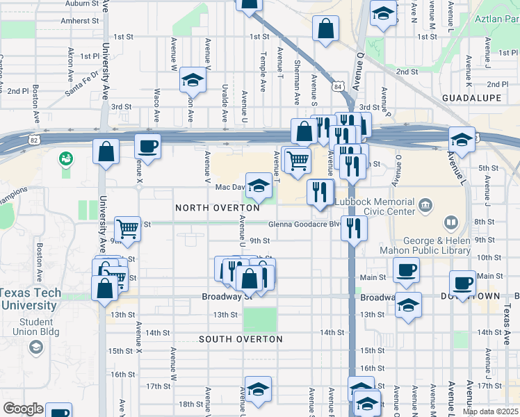 map of restaurants, bars, coffee shops, grocery stores, and more near 702 Avenue T in Lubbock
