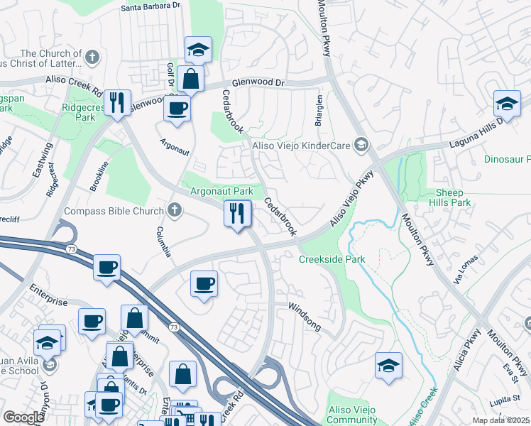 map of restaurants, bars, coffee shops, grocery stores, and more near 77 Montara Drive in Aliso Viejo