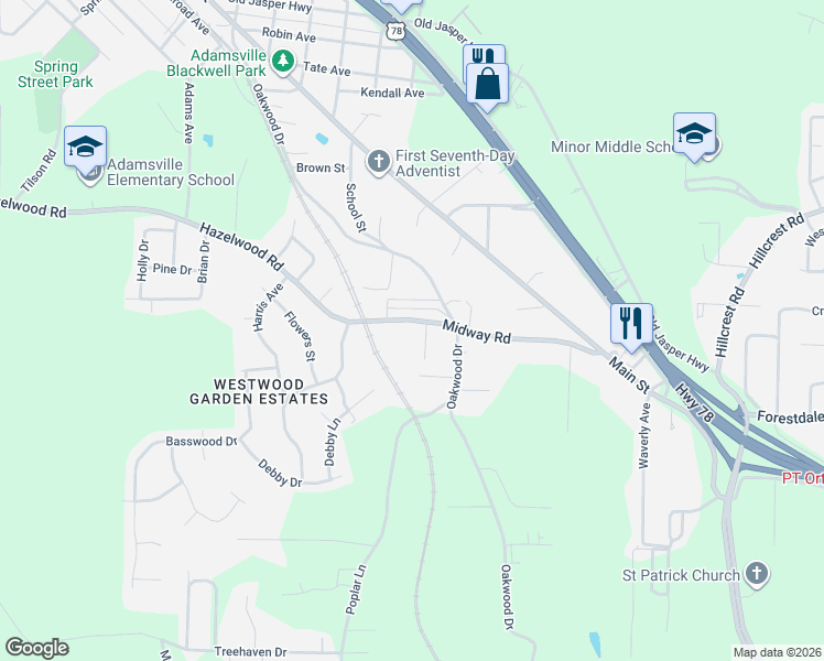 map of restaurants, bars, coffee shops, grocery stores, and more near 3917 Midway Rd in Adamsville