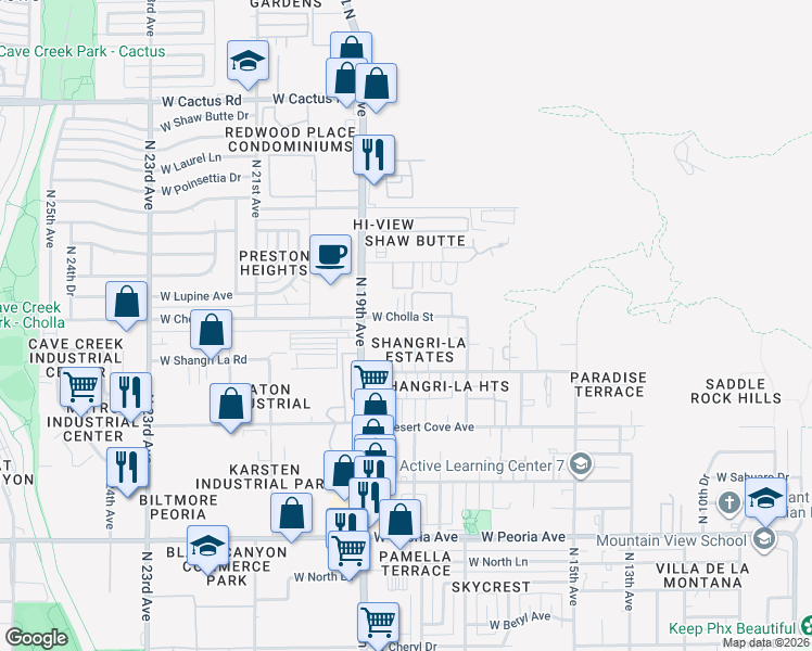 map of restaurants, bars, coffee shops, grocery stores, and more near 1820 West Cholla Street in Phoenix