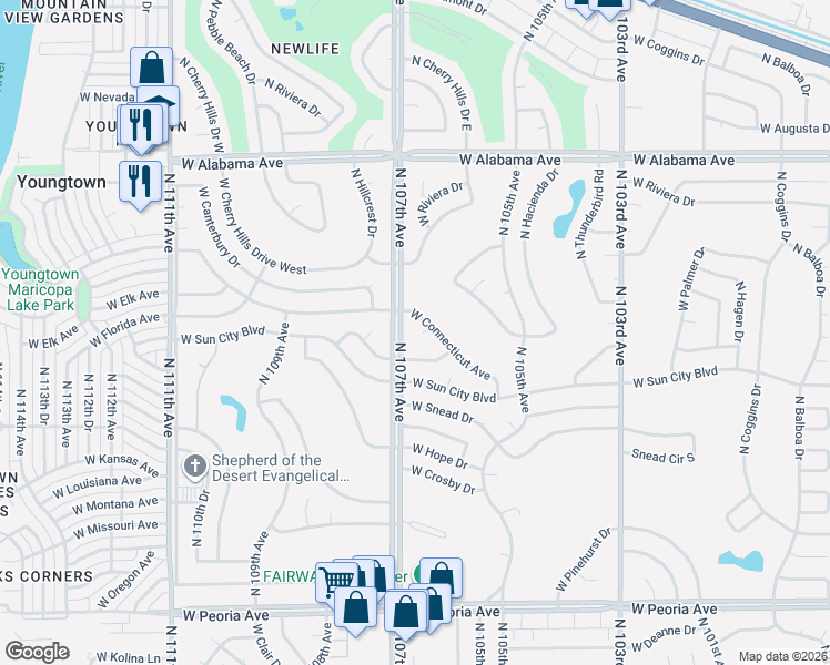 map of restaurants, bars, coffee shops, grocery stores, and more near 10656 West Connecticut Avenue in Sun City