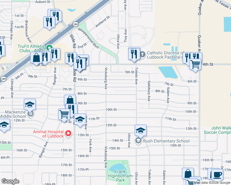 map of restaurants, bars, coffee shops, grocery stores, and more near 4829 7th Street in Lubbock