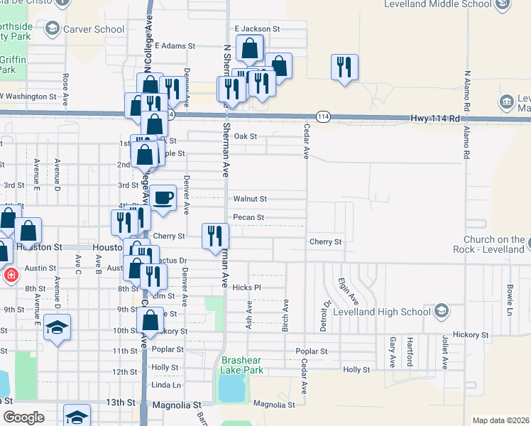 map of restaurants, bars, coffee shops, grocery stores, and more near 326 Walnut St in Levelland
