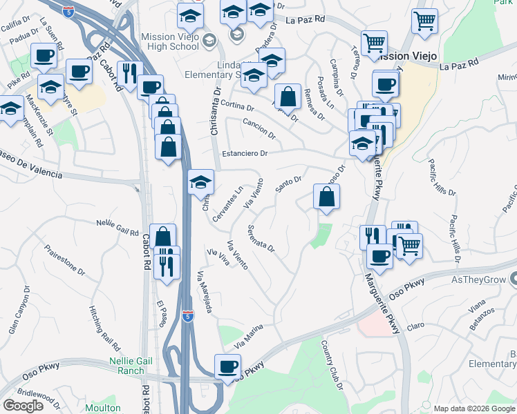 map of restaurants, bars, coffee shops, grocery stores, and more near 25722 Via Viento in Mission Viejo