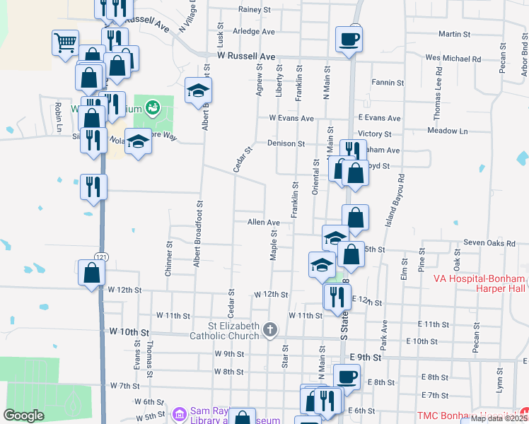 map of restaurants, bars, coffee shops, grocery stores, and more near 1601 Kennedy Street in Bonham