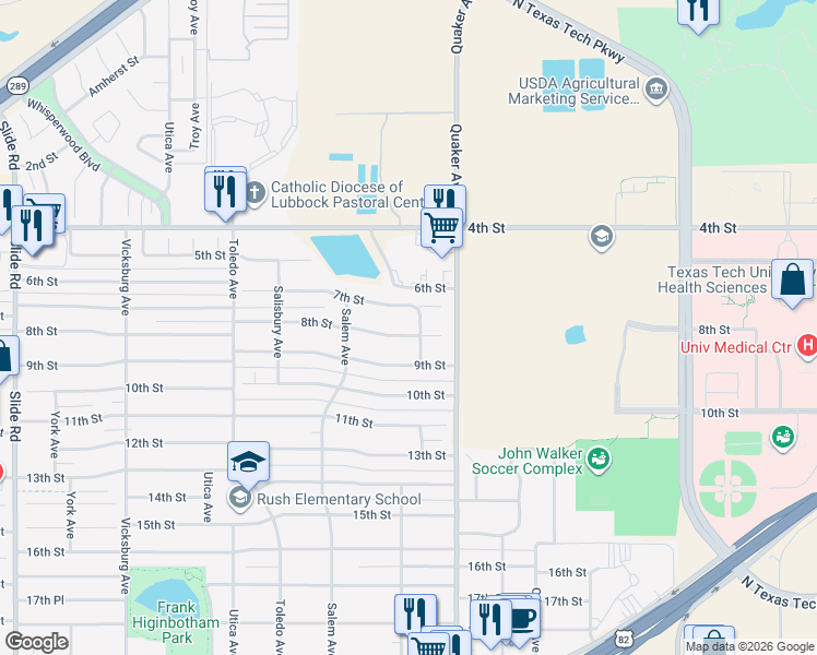 map of restaurants, bars, coffee shops, grocery stores, and more near 4503 7th St in Lubbock