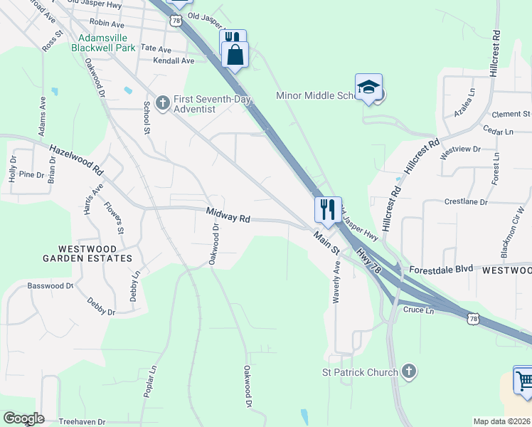 map of restaurants, bars, coffee shops, grocery stores, and more near 3739 Main Street in Adamsville