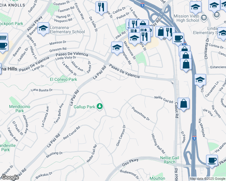 map of restaurants, bars, coffee shops, grocery stores, and more near 25611 Rangewood Road in Laguna Hills