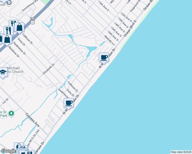 map of restaurants, bars, coffee shops, grocery stores, and more near 1720 North Waccamaw Drive in Murrells Inlet