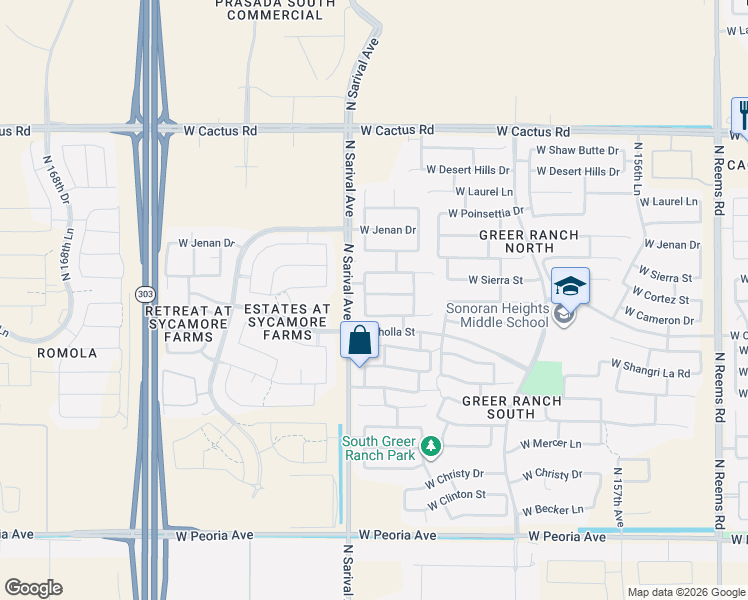 map of restaurants, bars, coffee shops, grocery stores, and more near 16256 West Cortez Street in Surprise