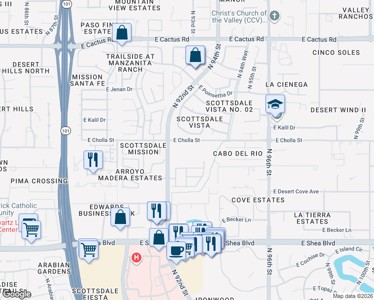 map of restaurants, bars, coffee shops, grocery stores, and more near 11333 North 92nd Street in Scottsdale