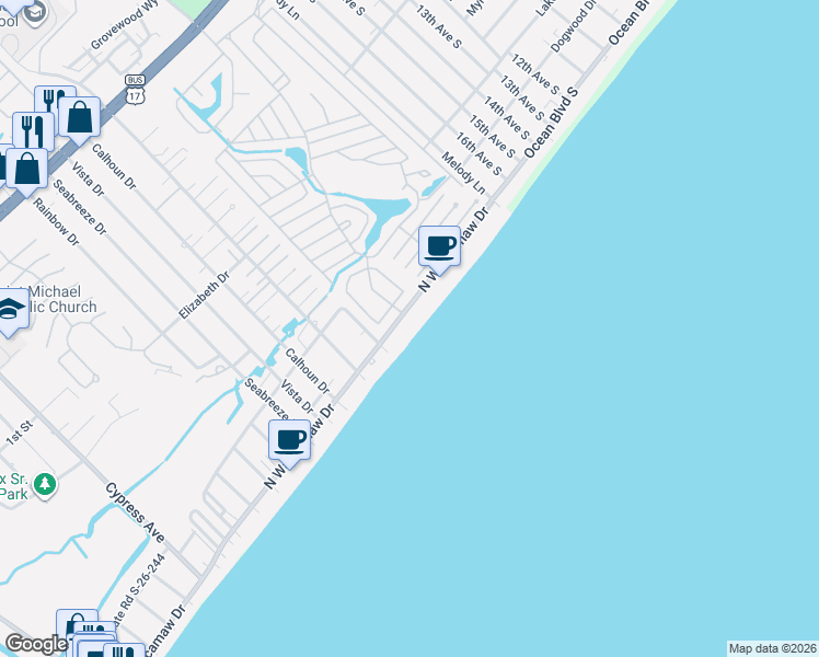 map of restaurants, bars, coffee shops, grocery stores, and more near 1720 North Waccamaw Drive in Murrells Inlet