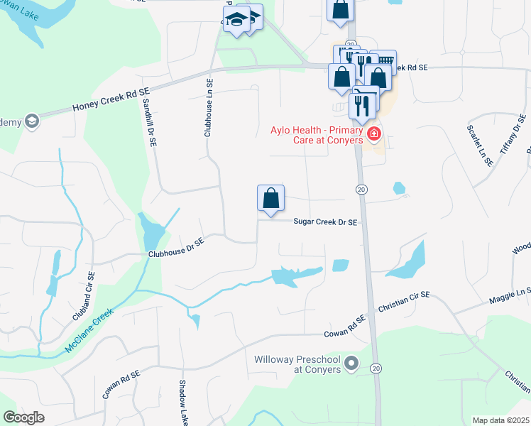 map of restaurants, bars, coffee shops, grocery stores, and more near 802 Sugar Creek Drive Southeast in Conyers