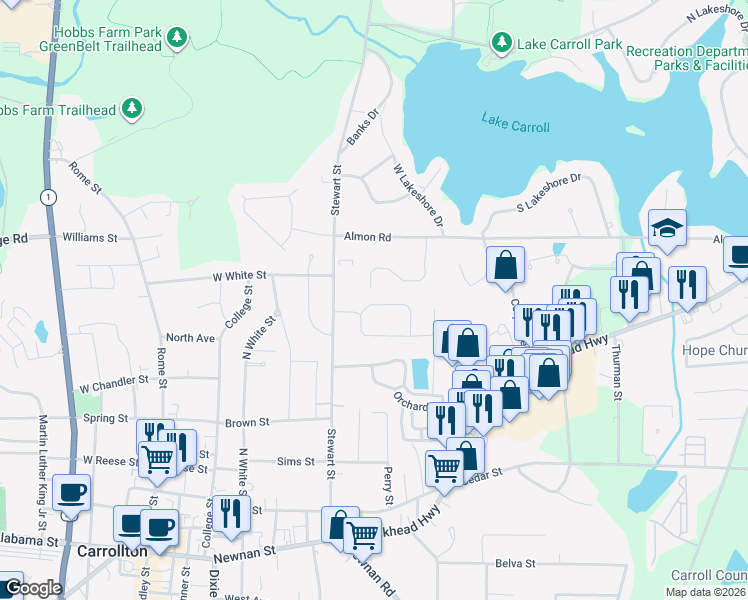 map of restaurants, bars, coffee shops, grocery stores, and more near 109 Ashgate Way in Carrollton