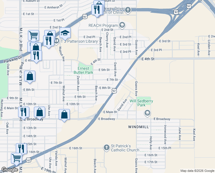 map of restaurants, bars, coffee shops, grocery stores, and more near 2826 East 7th Street in Lubbock