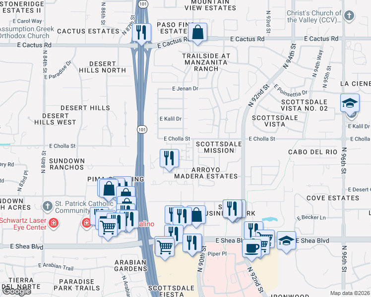 map of restaurants, bars, coffee shops, grocery stores, and more near 8948 East Arizona Park Place in Scottsdale