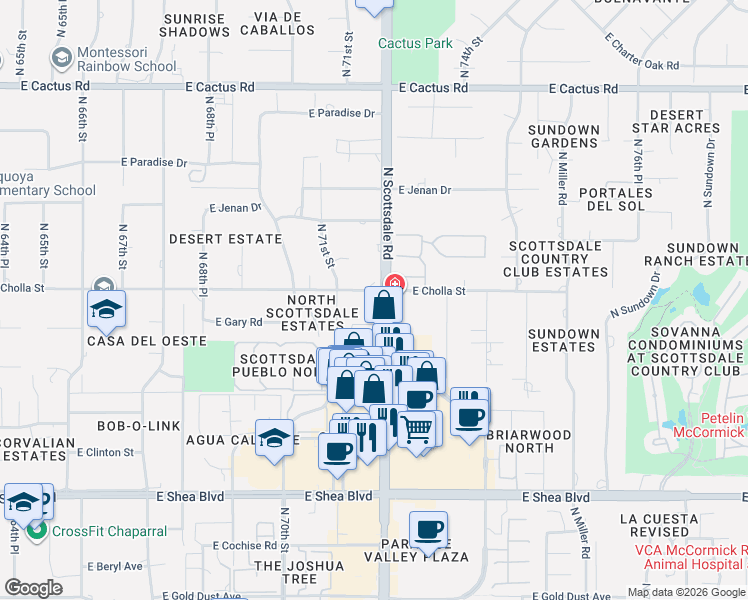 map of restaurants, bars, coffee shops, grocery stores, and more near 7120 East Cholla Street in Scottsdale