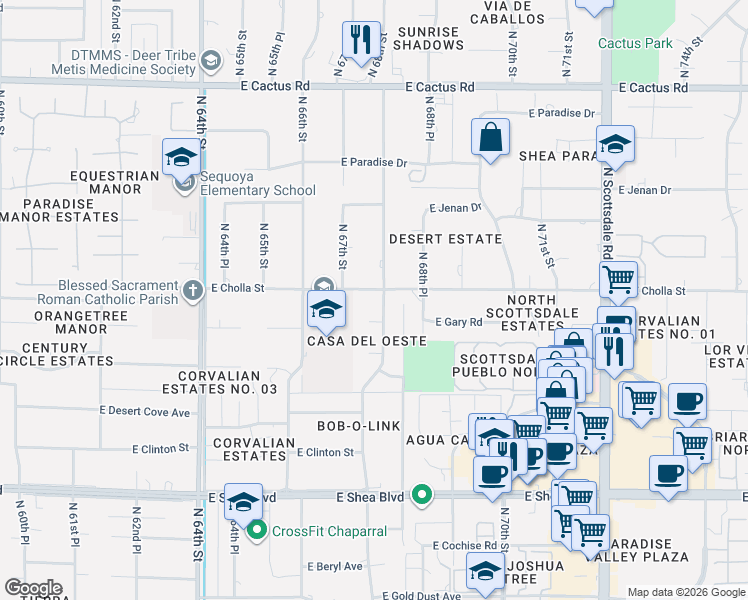 map of restaurants, bars, coffee shops, grocery stores, and more near 6766 East Cholla Street in Scottsdale