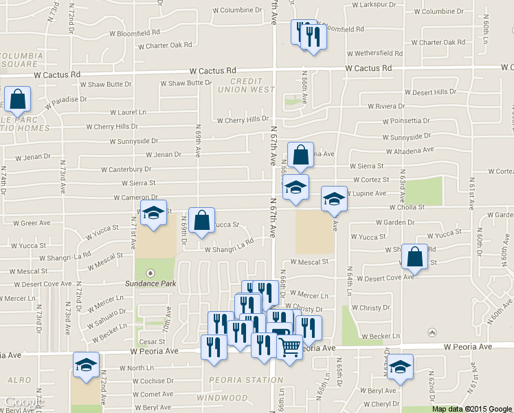 map of restaurants, bars, coffee shops, grocery stores, and more near 6739 West Cameron Drive in Peoria