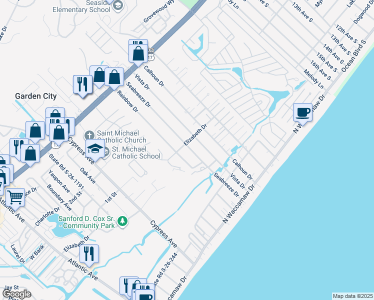 map of restaurants, bars, coffee shops, grocery stores, and more near 409 Elizabeth Drive in Murrells Inlet